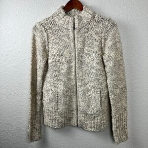 Loft Womens Chunky Knit Wool Blend White Neutral Capsule Cozy Full Zip Sweater S